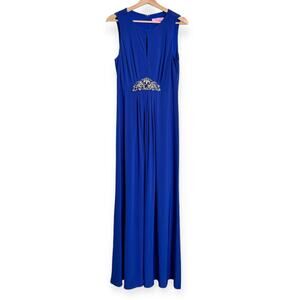 Eliza J Blue Jeweled Empire Waist Keyhole Front Stretch Maxi Dress Women's 12